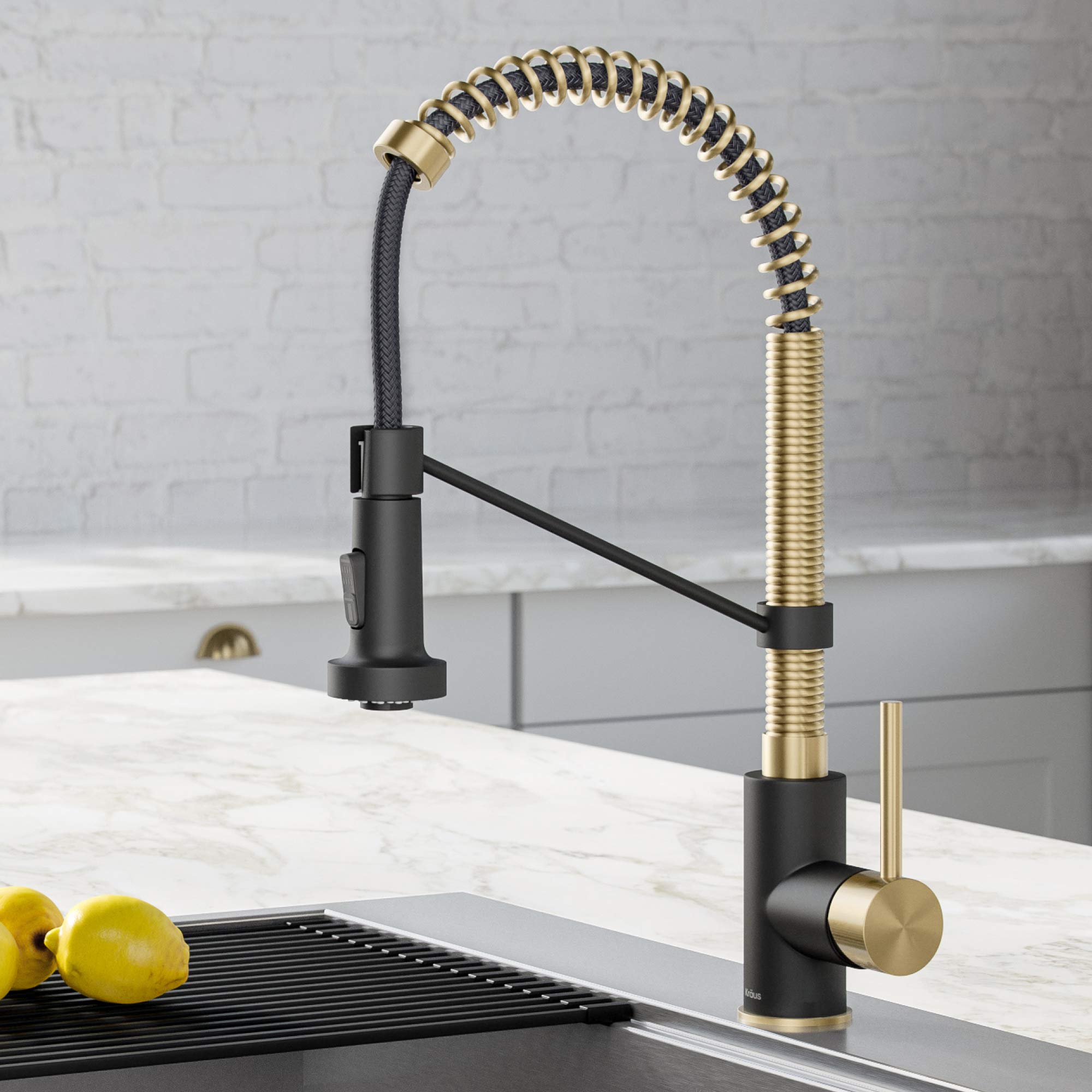 Kraus KPF-1610SFACBMB Bolden 18-Inch Single Handle Commercial Style Pull-Down Kitchen Faucet with Dual Function Sprayer, Spot Free Antique Champagne Bronze/Matte Black