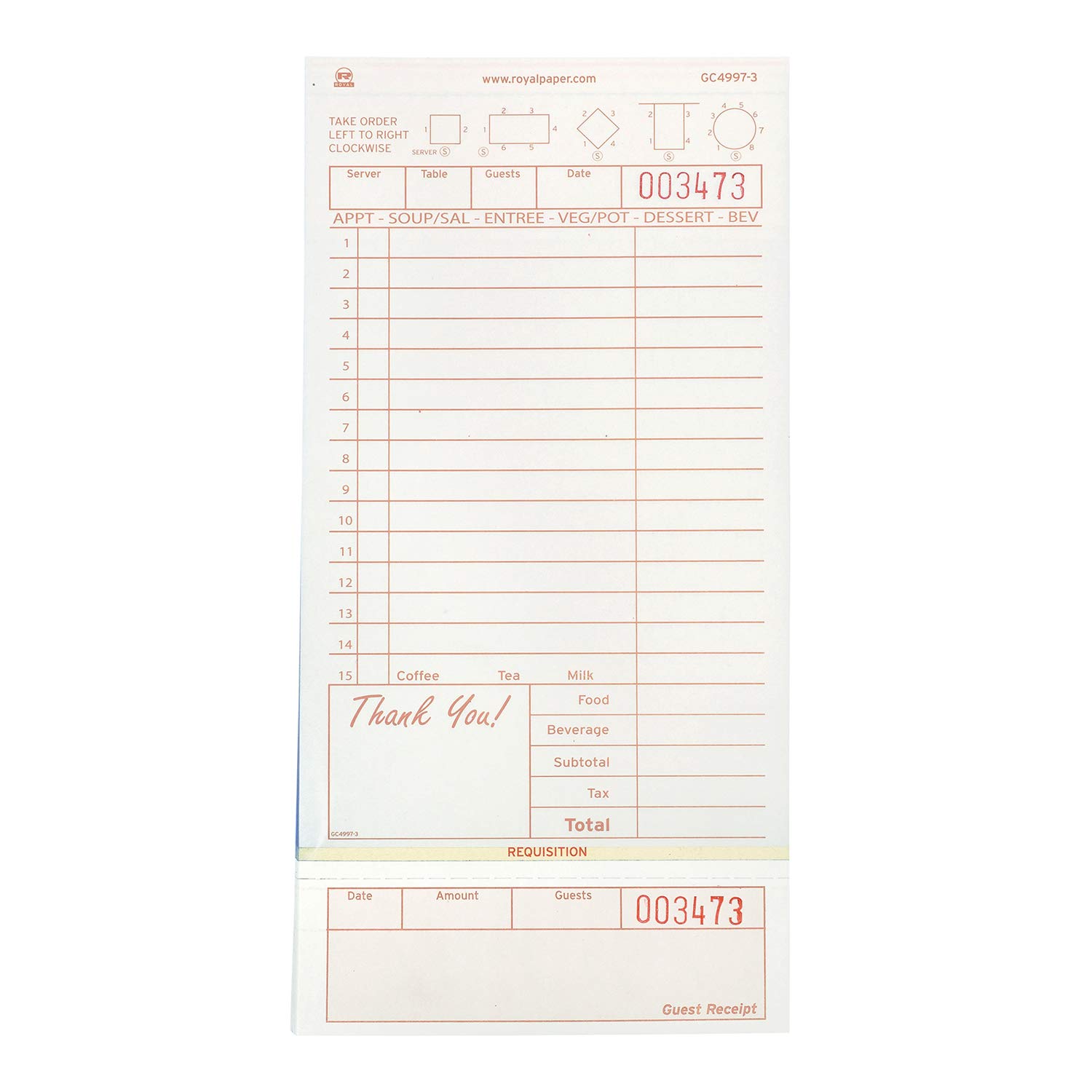 Royal Tan Guest Check Board, Carbonless 3 Part Loose with 15 Lines, Case of 2000