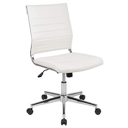 Flash Furniture Mid-Back Armless White LeatherSoft Contemporary Ribbed Executive Swivel Office Chair, BIFMA Certified