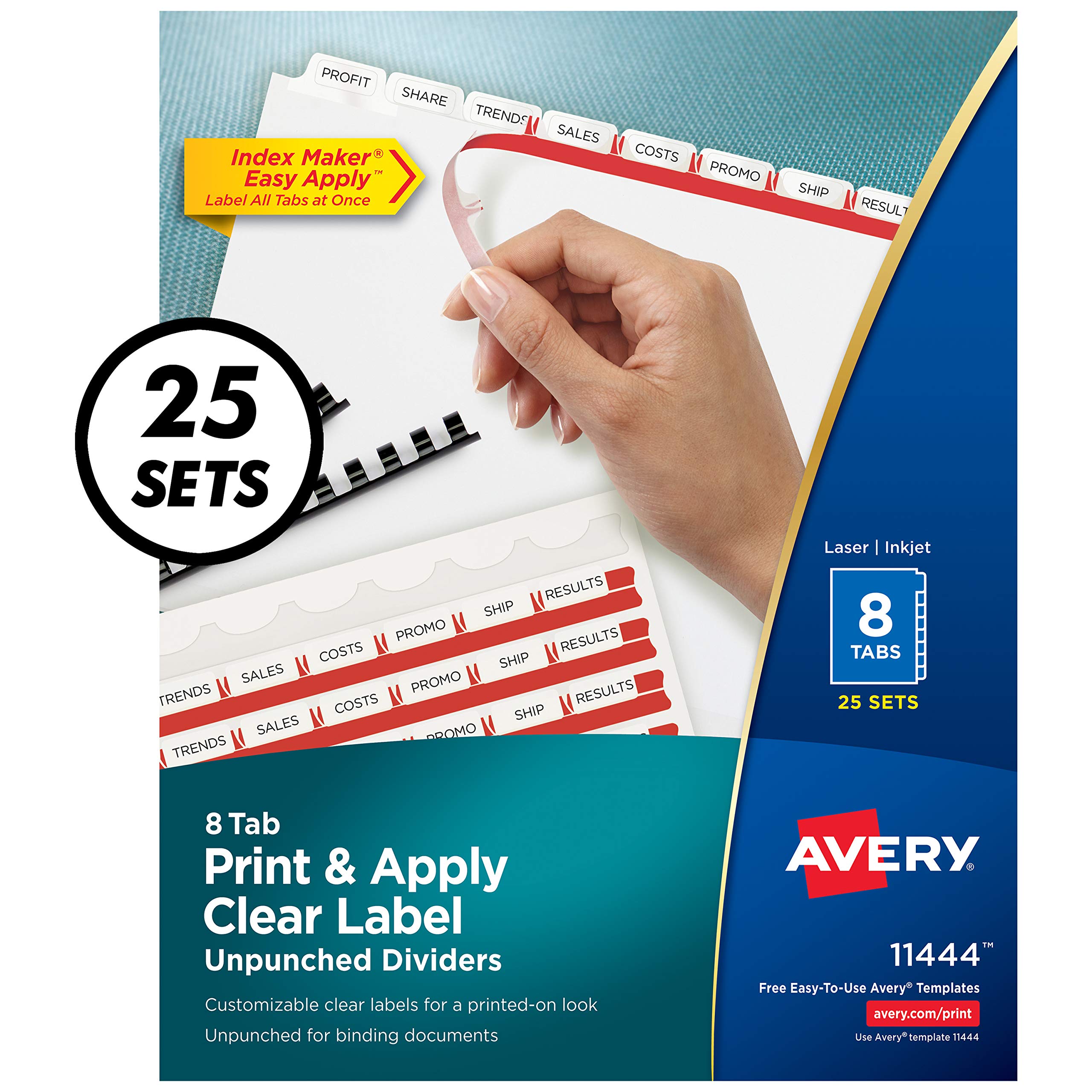 Avery 8-Tab Unpunched Binder Dividers, Easy Print & Apply Clear Label Strip, Index Maker, White Tabs, 25 Sets, 6 Packs (11444)