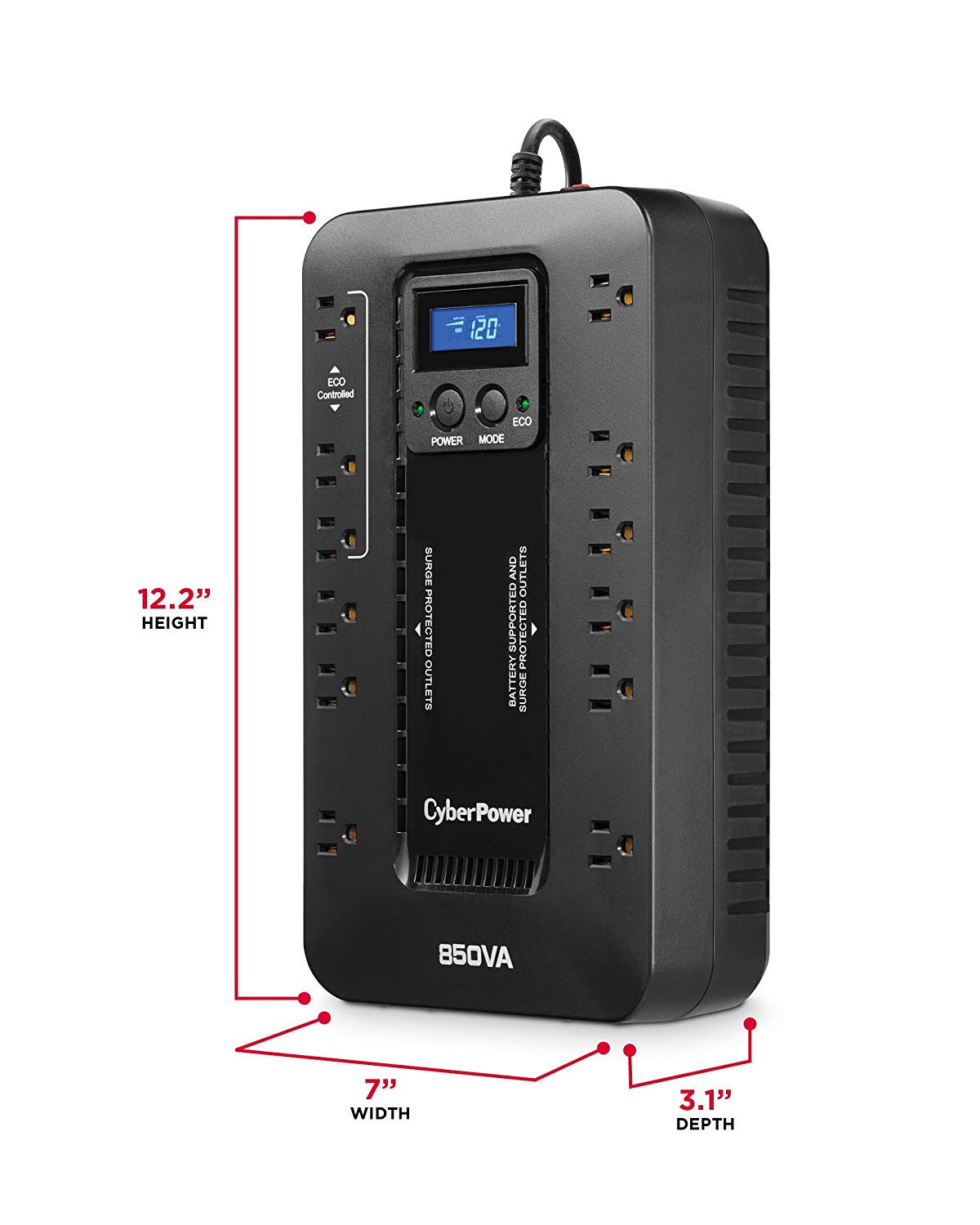 Cyber Power CyberPower EC850LCD Ecologic UPS System, 850VA/510W, 12 Outlets, ECO Mode, Compact