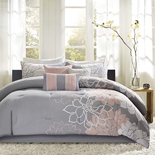 Madison Park Lola, Floral, Flowers - 6 Pieces Bedding Sets Sateen, Cotton Poly Crossweave Bedroom Comforters, Cal King, Grey/Blush