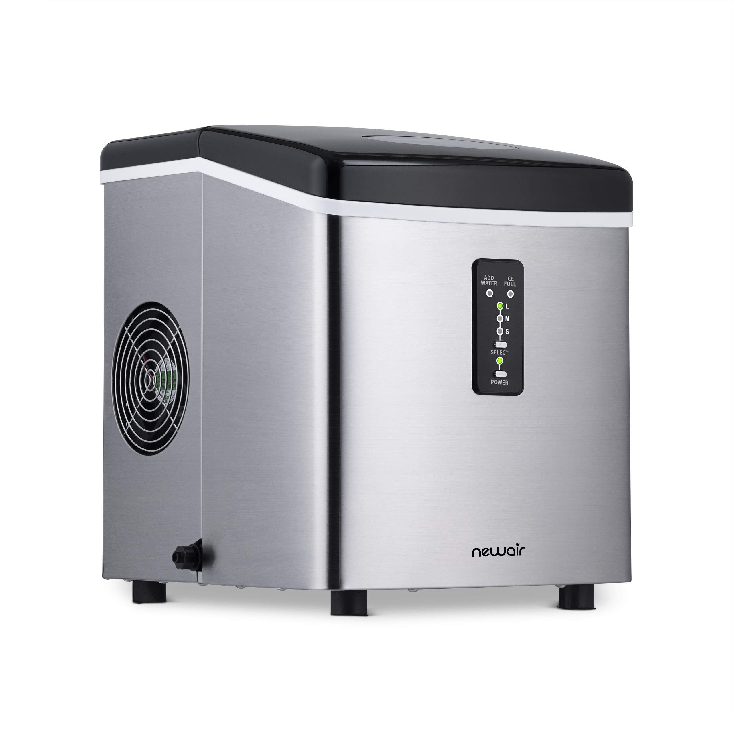 NewAir Portable Ice Maker 28 lb. Daily - Countertop Compact Design, Ice in Under 10 Minutes, 3 Size Bullet Shaped Ice, LED Controls, Stainless with Black Lid | AI-100SS