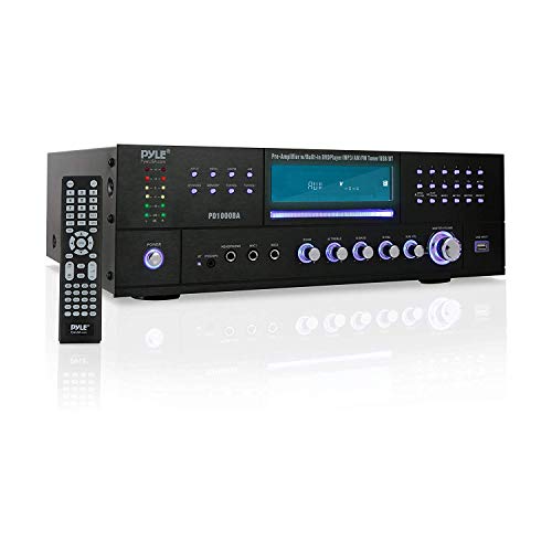 Pyle 4-Channel Wireless Bluetooth Power Amplifier - 1000W Stereo Speaker Home Audio Receiver w/ FM Radio, USB, Headphone, 2 Microphone w/ Echo, Front Loading CD DVD Player, LED, Rack Mount -  PD1000BA