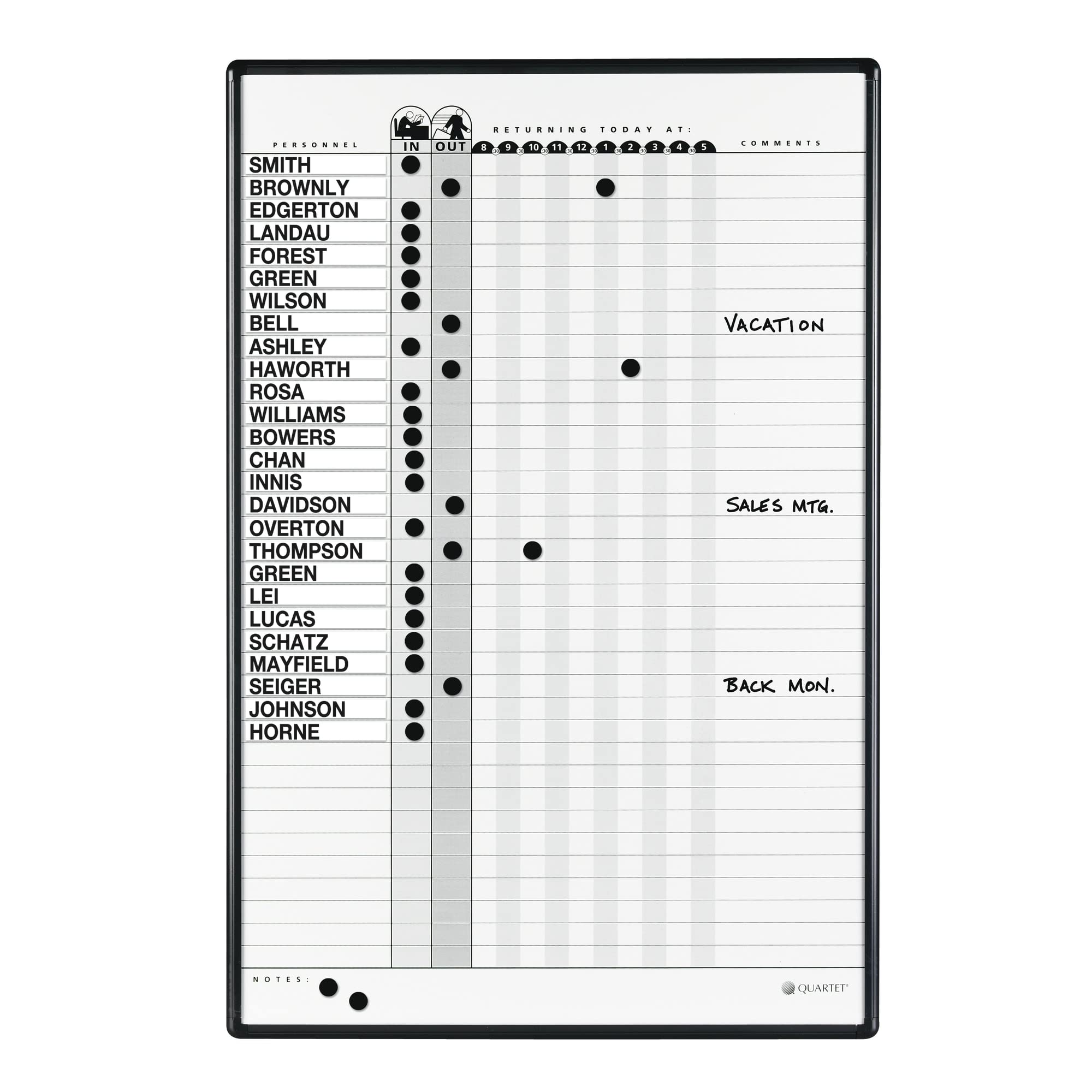 Quartet Gray Duramax Porcelain Magnetic in/Out Personnel Board System, 36 Names, 3 x 2 Feet, Black Aluminum Frame (783G )