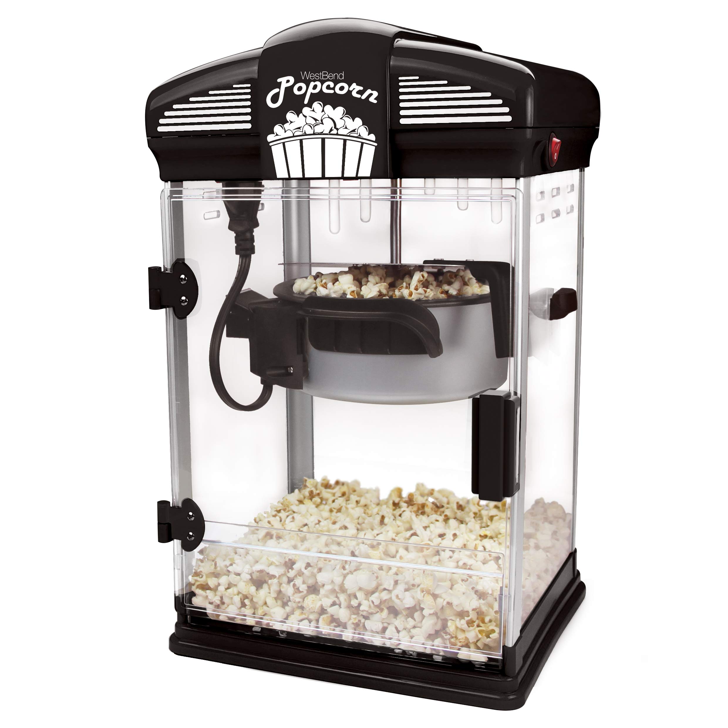 West Bend 82515B Machine with Nonstick Kettle Includes Measuring Cup Scoop Hot Oil Movie Theater Style Popcorn Popper, 4-Quart