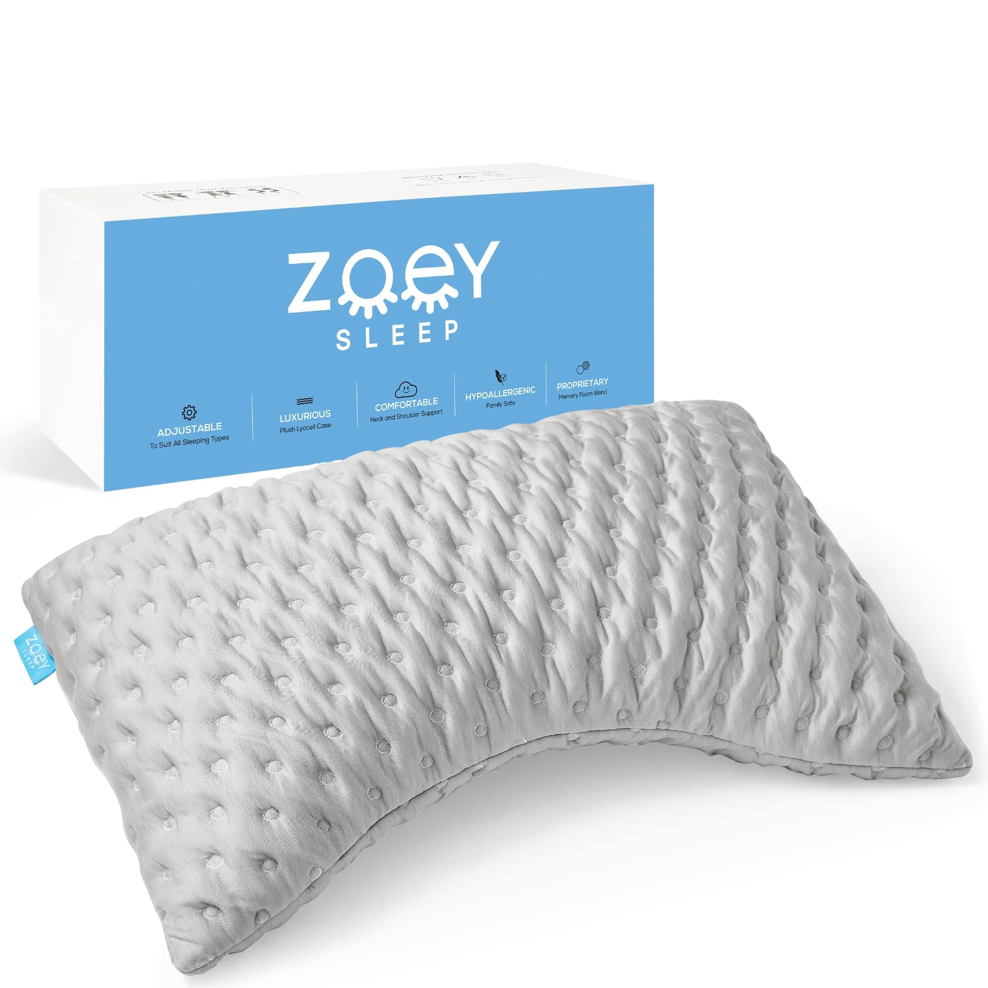 Zoey Sleep Side Sleep Pillow - Memory Foam Bed Pillows for Sleeping - 100% Adjustable Supportive Loft - Helps Relieve Neck and Shoulder Pain