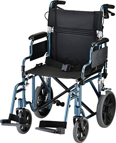 NOVA Medical Products NOVA Lightweight Transport Chair with Locking Hand Brakes, 12? Rear Wheels, Removable & Flip Up Arms for Easy Transfer, Anti-Tippers Included, Blue