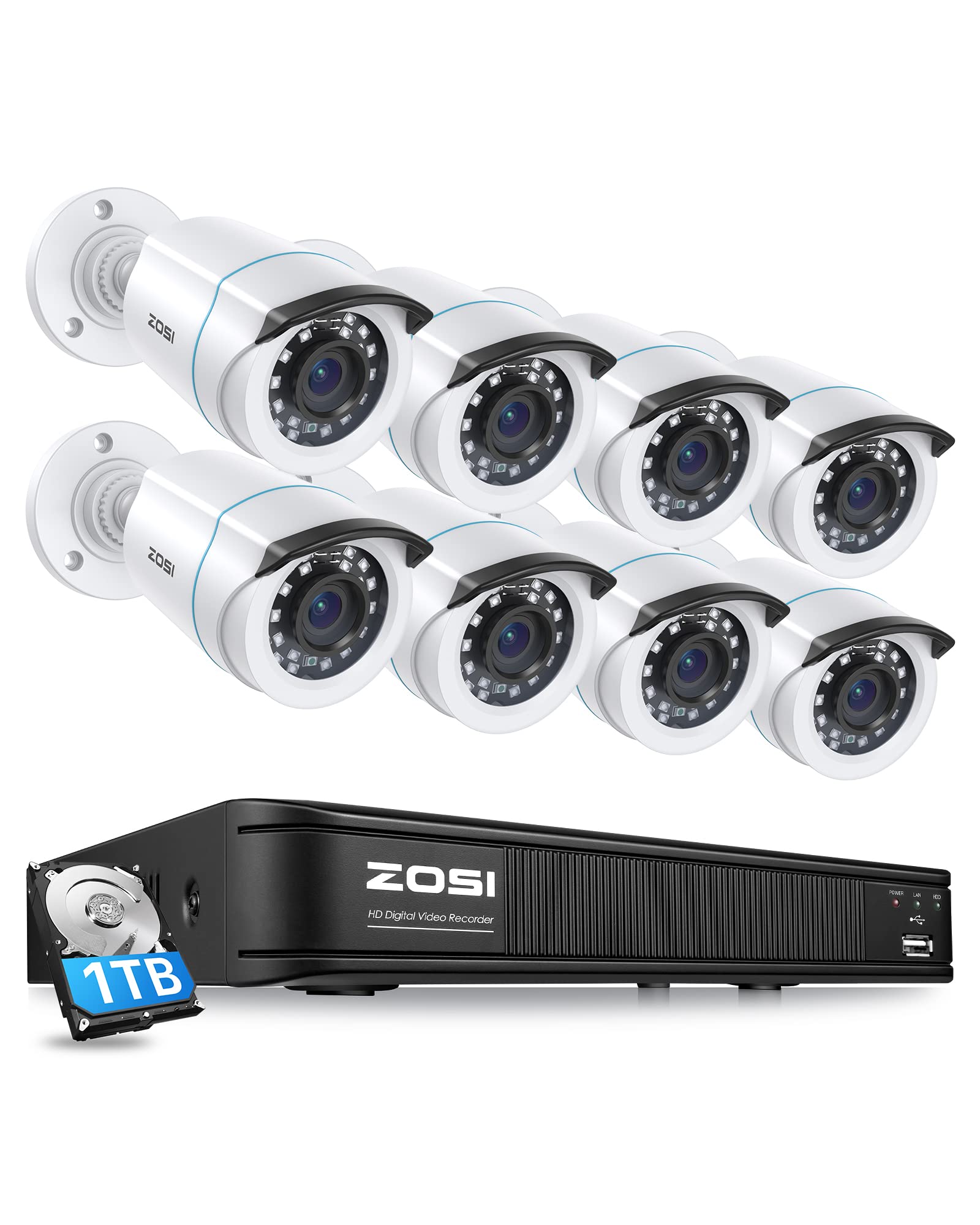 ZOSI 1080P H.265+ Home Security Camera System,5MP Lite 8 Channel CCTV DVR Recorder with Hard Drive 1TB and 8 x 1080p Weatherproof Bullet Camera Outdoor Indoor with 80ft Night Vision, Motion Alerts