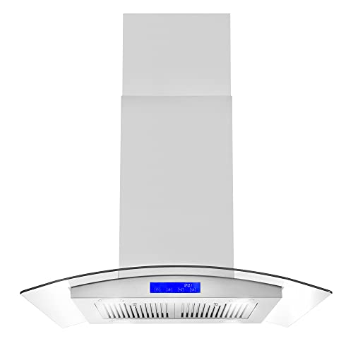 Cosmo Island Mount Range Hood with 380 CFM, Soft Touch Controls, Permanent Filters, LED Lights, Tempered Glass Visor in Stainless Steel