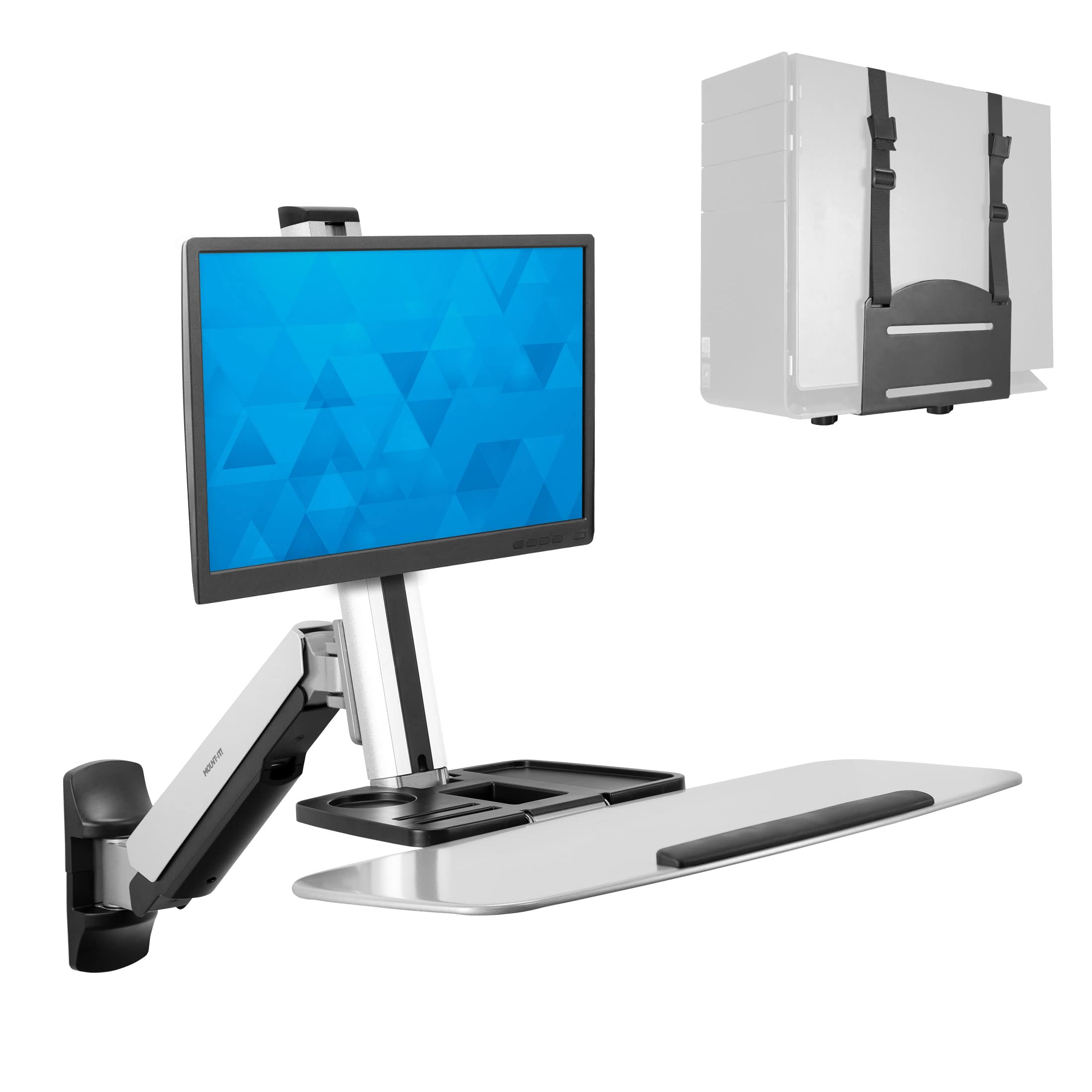 Mount-It! Sit Stand Wall Mount Workstation | Adjustable Height Stand Up Computer Station with Articulating Monitor Mount, Keyboard Tray, & CPU Holder | VESA Mount 75x75 and 100x100 | MI-7905