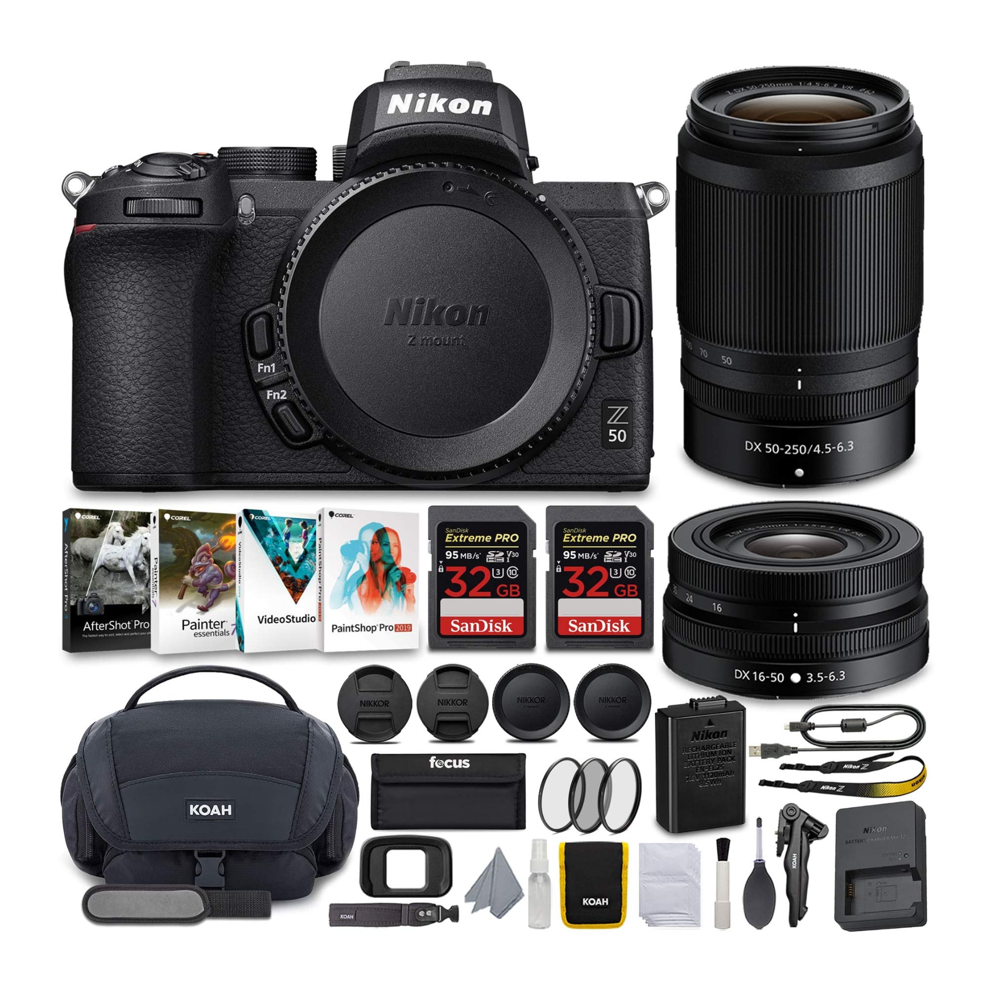 Nikon Z50 Mirrorless Camera with NIKKOR Z 16-50 and 50-250mm VR Lenses and 64GB Card Kit with Deluxe Accessory Bundle (5 Items)