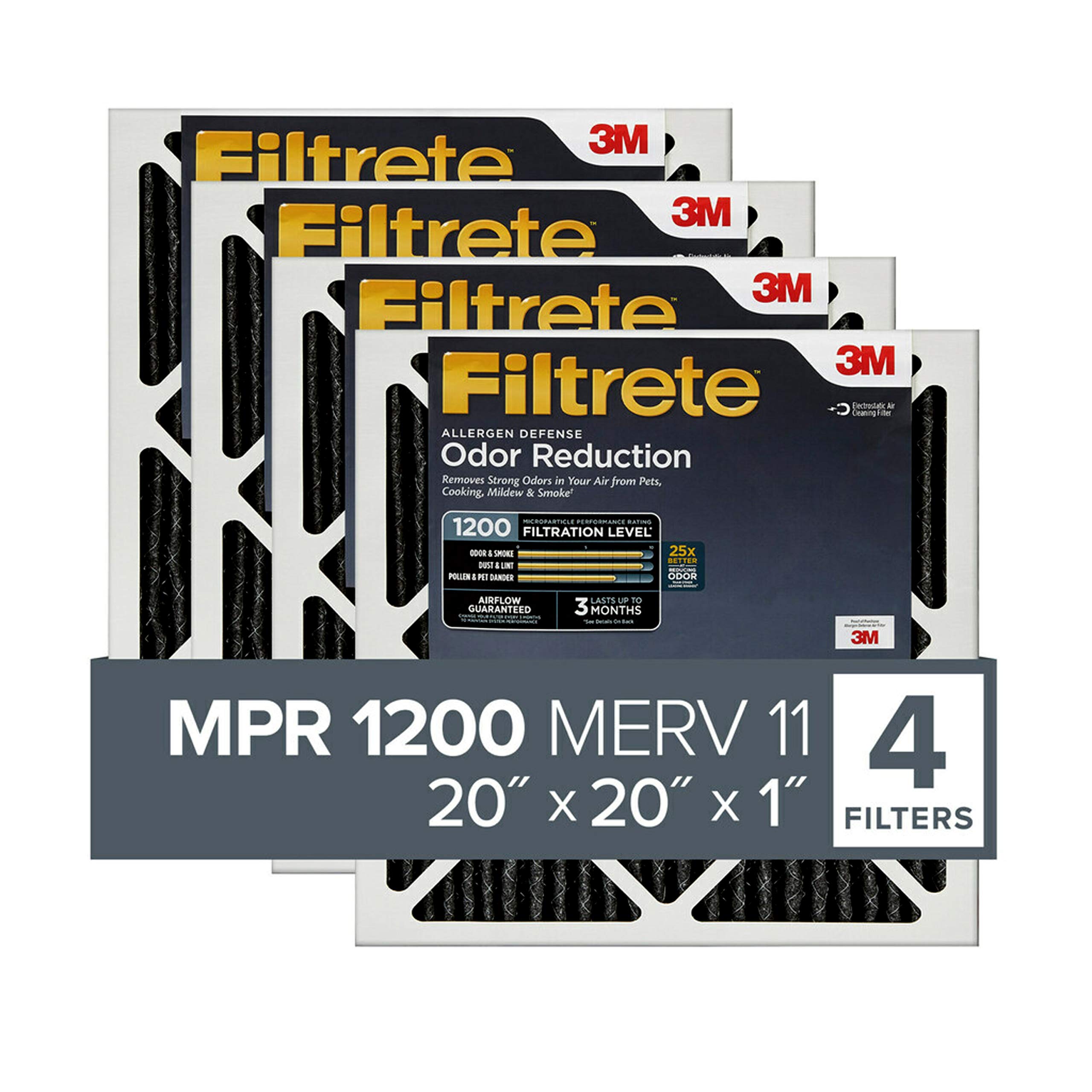 Filtrete 20x20x1 Air Filter MPR 1200 MERV 11, Allergen Defense Odor Reduction, 4-Pack (exact dimensions 19.69x19.69x0.81)