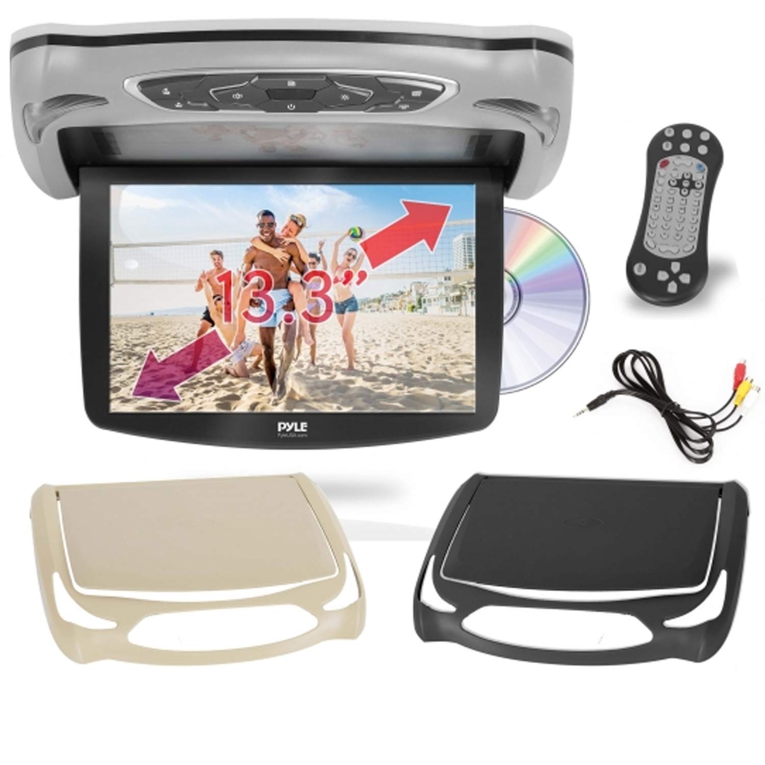 Pyle Car Roof Mount DVD Player Monitor 13.3 inch Vehicle Flip Down Overhead Screen- HDMI SD USB Card Input with Built-in IR Transmitter for Wireless IR Headphone, 3 Style Colors -  PLRD146