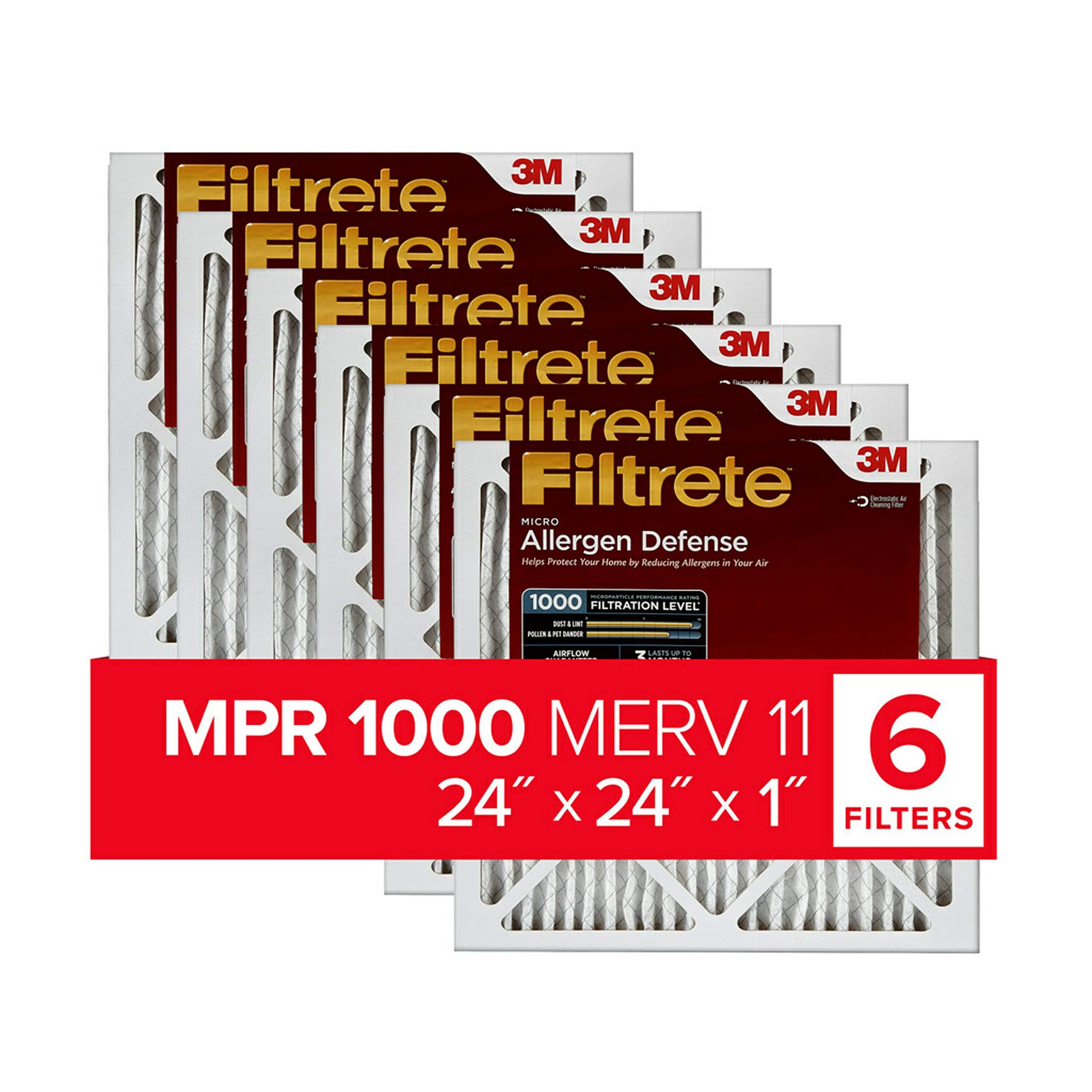 Filtrete 24x24x1 Air Filter MPR 1000 MERV 11, Allergen Defense, 6-Pack (exact dimensions 23.81x23.81x0.81)
