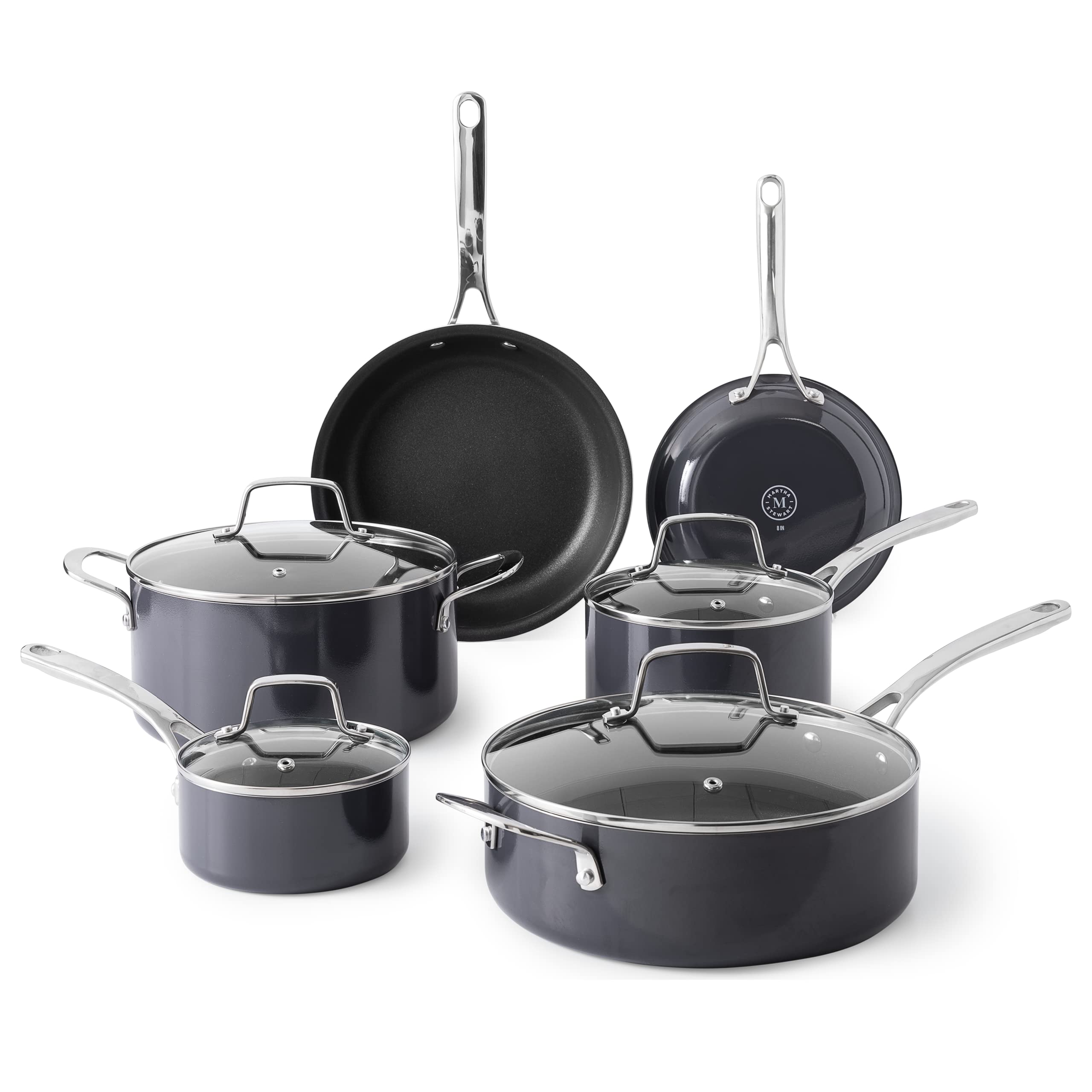 Martha Stewart Lockton Premium Nonstick 10 Piece Enamel Heavy Gauge Aluminum Pots and Pans Cookware Set - Grey