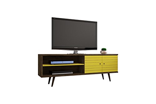 Manhattan Comfort Liberty Collection Mid Century Modern TV Stand With One Cabinet and Two Open Shelves With Splayed Legs, Black/Yellow
