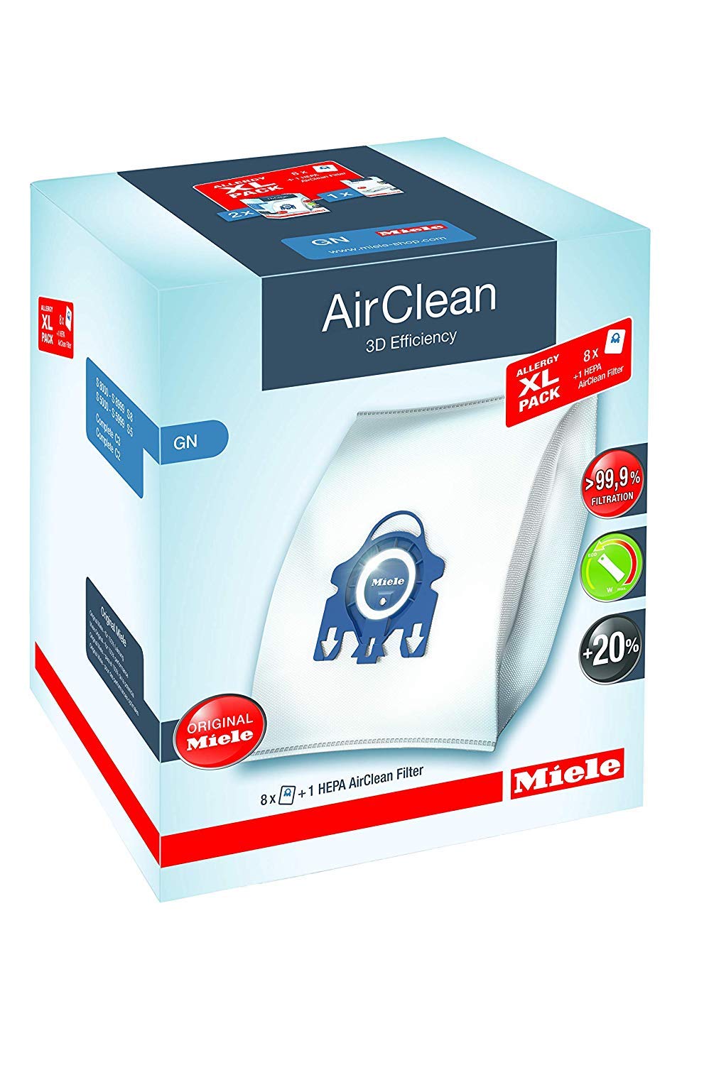 Miele AirClean 3D Efficiency Dust Bag, Type GN, Allergy XL-Pack, 8 Bags, 2 Pre-Motor Filters, and 1 HEPA Filter