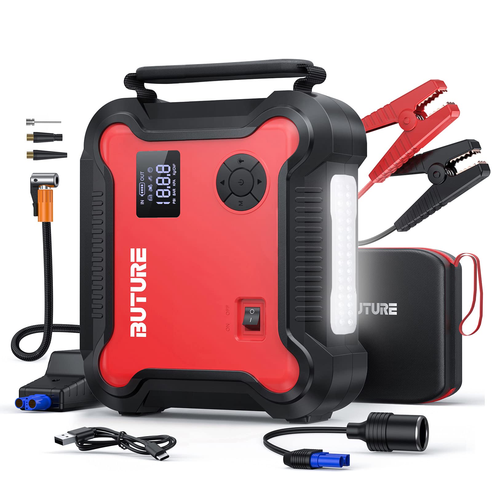 BUTURE Portable Car Jump Starter with Air Compressor,  150PSI 4500A 26800mAh Booster Pack (All Gas/8.0L Diesel) Digital Tire Inflator, Fast Battery Charger 3.0 with 160W DC Out, Emergency Light
