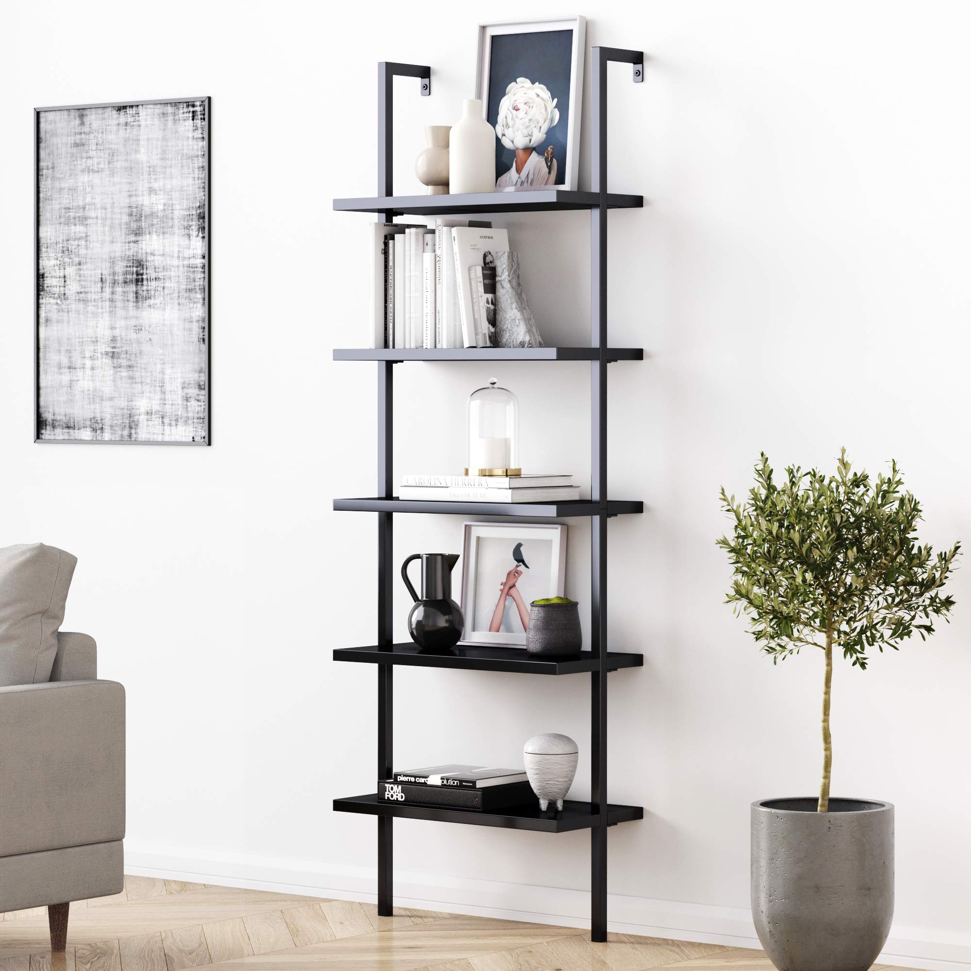 Nathan James Theo 5-Shelf Black Modern Bookcase, Open Wall Mount Ladder Bookshelf with Industrial Metal Frame