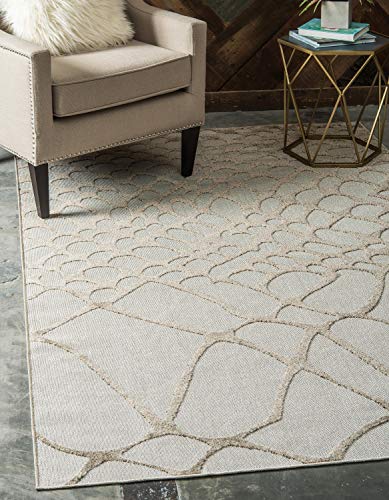 Unique Loom Outdoor Modern Collection Carved Abstract Transitional Indoor and Outdoor Flatweave Cream  Area Rug (8' 0 x 10' 0)