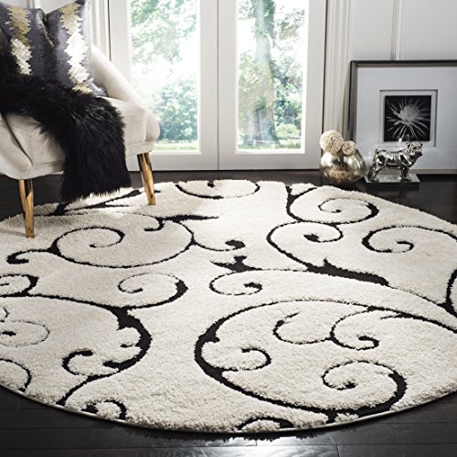 Safavieh Florida Shag Collection SG455-1290 Scrolling Vine Ivory and Black Graceful Swirl Round Area Rug (6'7