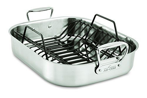 All-Clad E752S264 Stainless Steel Dishwasher Safe Small 11-Inch x 14-Inch Roaster with Nonstick Rack Cookware, 14-Inch, Silver