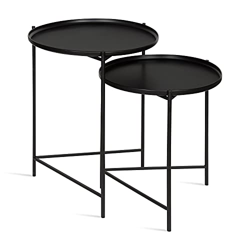 Kate and Laurel Ulani Modern Nesting Side Table, Set of 2, Natural Wood and Black Metal, Sophisticated End Tables for Storage and Display
