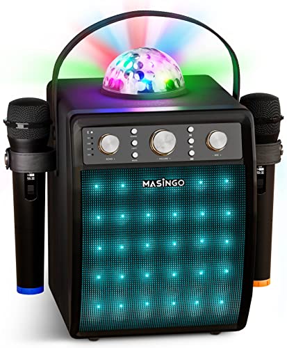 MASINGO Bluetooth Karaoke Machine for Adults and Kids - Portable Singing Equipment Set with 2 Wireless Karaoke Microphones - PA Speaker System with Disco Ball and Party Lights + TV Cable - Ostinato M7