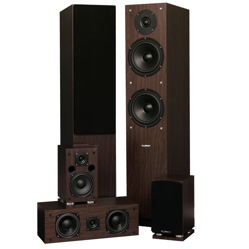 Fluance SXHTBW High Definition Surround Sound Home Theater 5.0 Channel Speaker System including Floorstanding Towers, Center and Rear Speakers (Natural Walnut)
