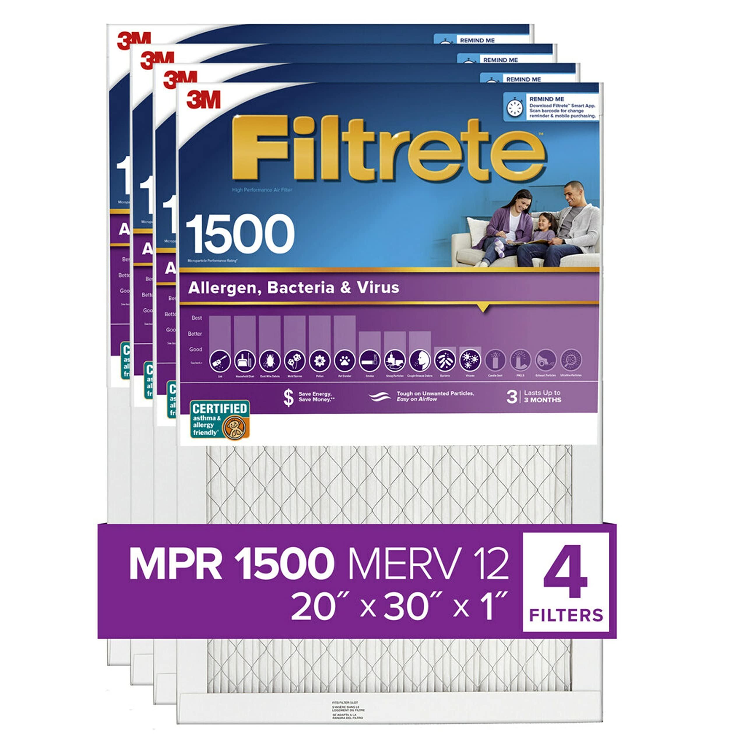 Filtrete 20x30x1 Air Filter, MPR 1500, MERV 12, Healthy Living Ultra-Allergen 3-Month Pleated 1-Inch Air Filters, 4 Filters