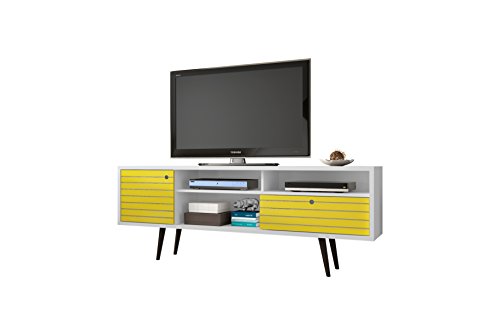 Manhattan Comfort Liberty Collection Mid Century Modern TV Stand With Three Shelves, One Cabinet and One Drawer With Splayed Legs, Yellow/White