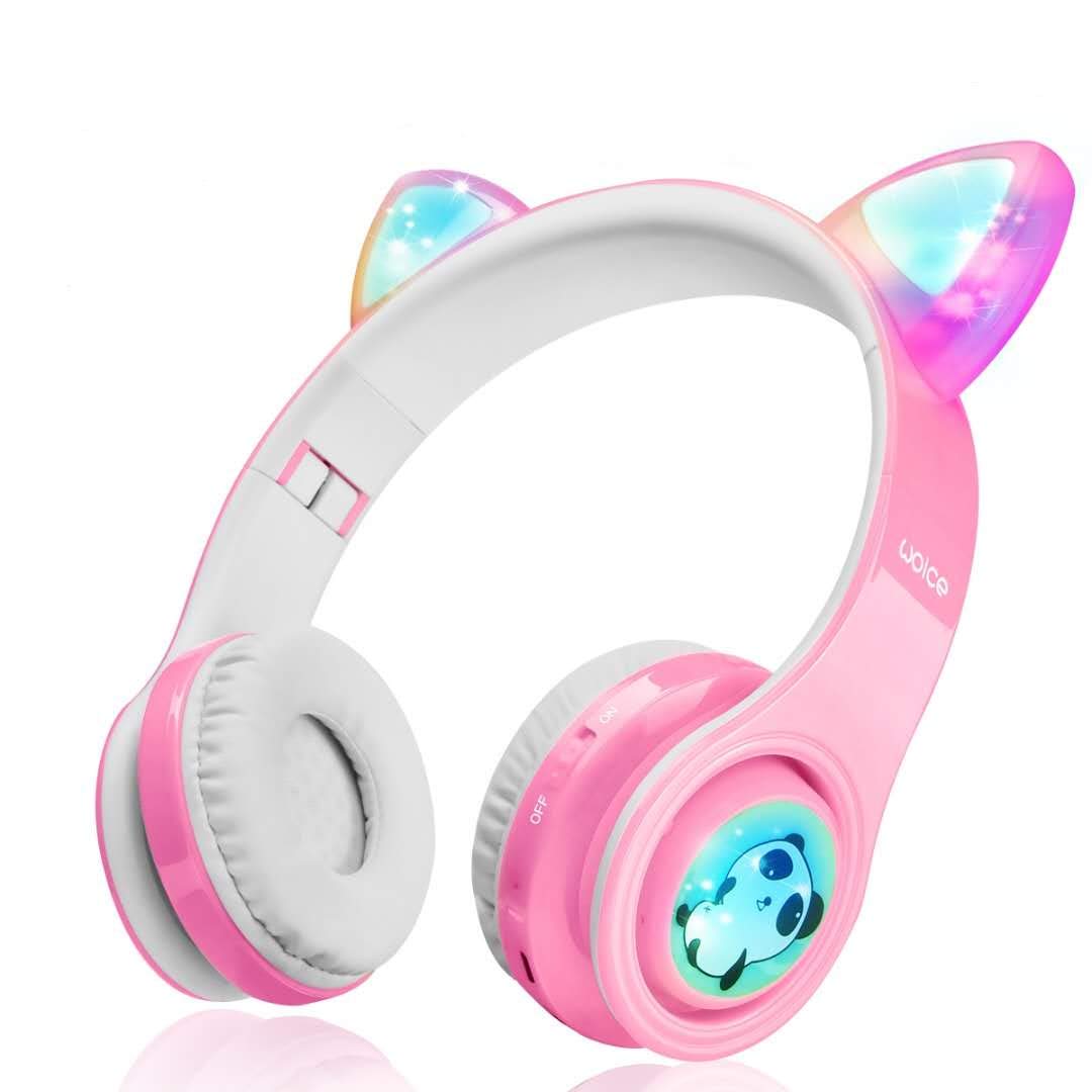Woice Girls Wireless Headphones, LED Flashing Lights, Music Sharing Function, Stereo Sound, SD Card Slot and Build-in Mic Wireless/Wired Children Bluetooth Headphones for Girls (Pink)