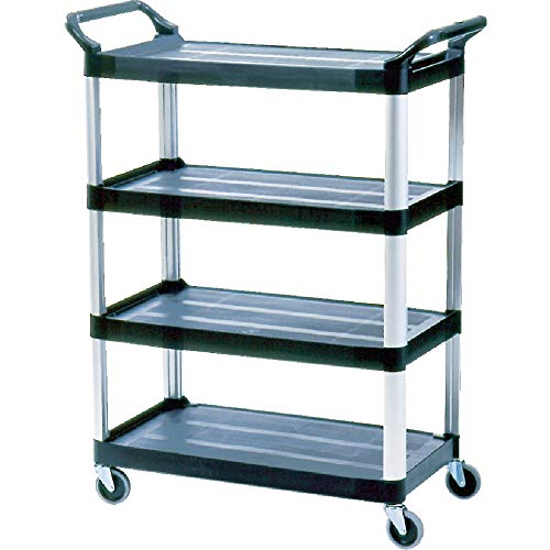 Rubbermaid Commercial Products Heavy Duty 4-Shelf Rolling Service/Utility/Push Cart, 300 lbs. Capacity, Platinum, for Foodservice/Restaurant/Cleaning (FG409600BLA)