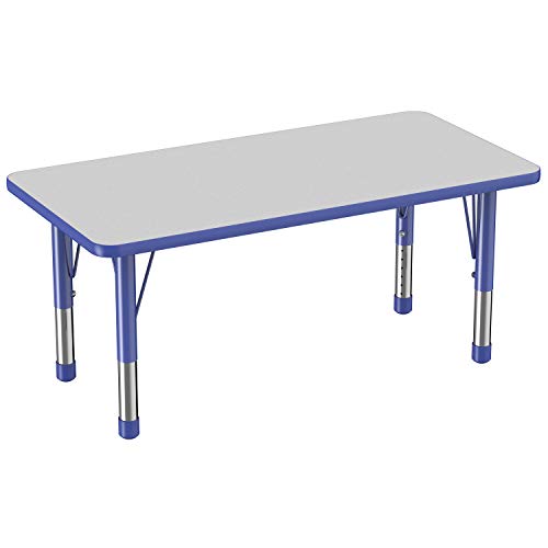 Factory Direct Partners FDP Rectangle Activity School and Kids Classroom Table (24 x 48 inch), Toddler Legs, Adjustable Height 15-24 inches - Gray Top and Blue Edge
