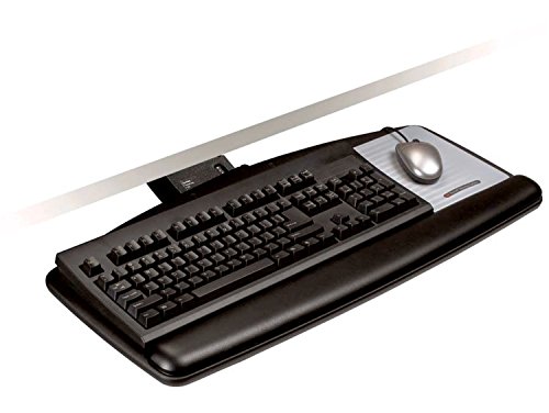 3M Sit/Stand Keyboard Tray, Simply Turn Knob to Adjust Height and Tilt, Sturdy Tray Includes Gel Wrist Rest and Precise Mouse Pad, Tray Swivels and Stores Under Desk, 23