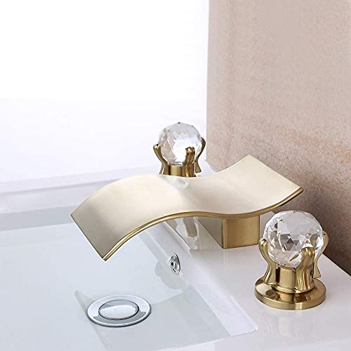 KUNMAI Widespread Waterfall 2-Handle 3 Hole Bathroom Sink Faucet with Crystal Knob Handles,Solid Brass Waterfall Bathroom Lavatory Faucet