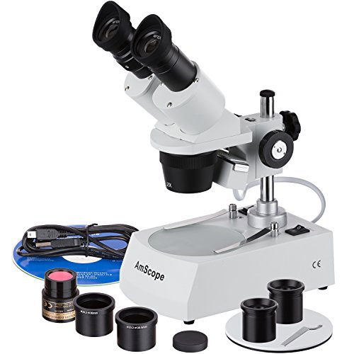  AmScope SE306R-PZ-E Digital Forward-Mounted Binocular Stereo Microscope, WF10x and WF20x Eyepieces, 20X/40X/80X Magnification, 2X and 4X Objectives, Upper and Lower Halogen Lighting, Reversible Black...