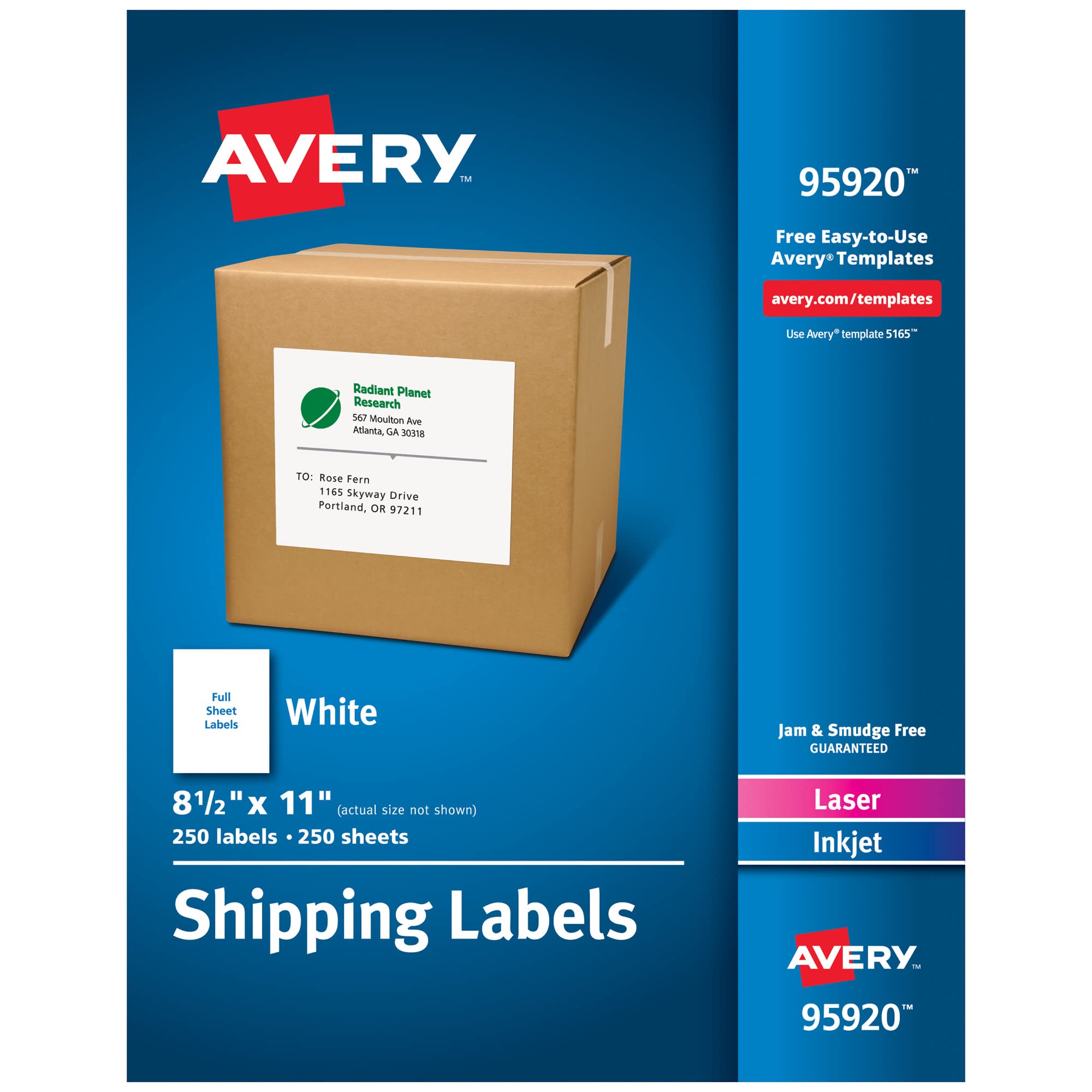 Avery Shipping Address Labels, Laser & Inkjet Printers, 250 Labels,Full Sheet Labels,Permanent,2 Packs (95920)