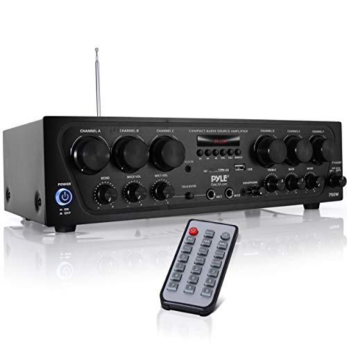 Pyle Bluetooth Home Audio Amplifier System - Upgraded 6 Channel 750 Watt Wireless Home Audio Sound Power Stereo Receiver w/ USB, Micro SD, Headphone, 2 Microphone Input w/ Echo, Talkover for PA - 