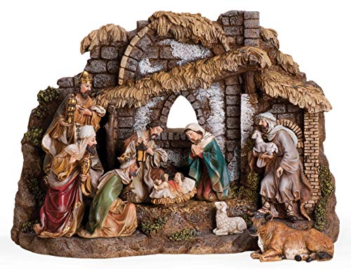 Joseph's Studio by Roman - 10-Piece Nativity Set with Stable, Includes Holy Family, Three Kings, Shepherd, Ox and Sheep, 11