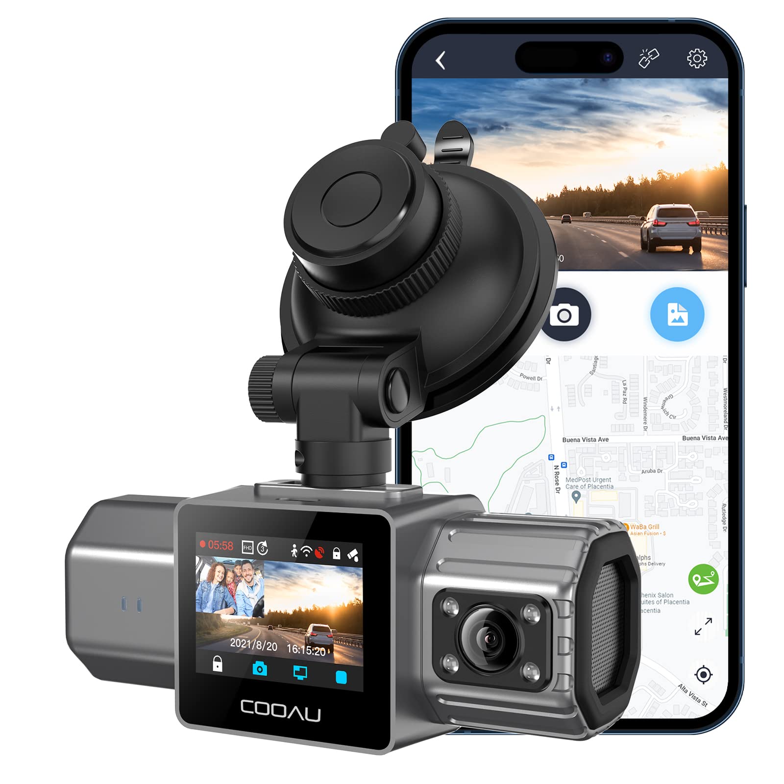 COOAU Dual Dash Cam with Built-in GPS, 1080P Front and Inside WiFi Dash Camera for Cars, Sony Sensor, Supercapacitor, 4 IR Night Vision, G-Sensor, Loop-Recording & Parking Mode (D20)