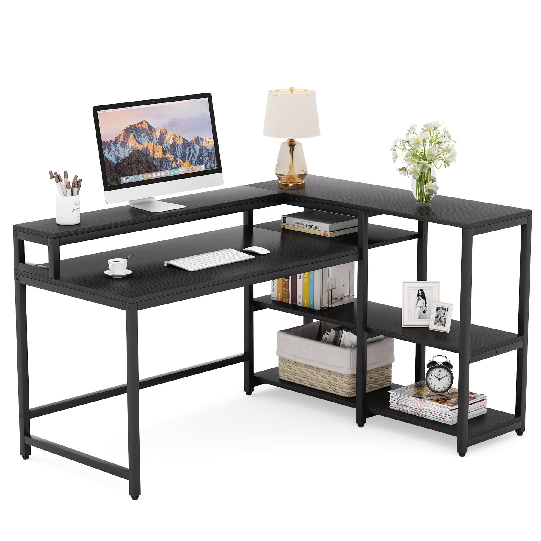 Tribesigns Reversible L Shaped Computer Desk with Storage Shelf, Industrial 55 Inch Corner Desk with Shelves and Monitor Stand, Study Writing Table for Home Office