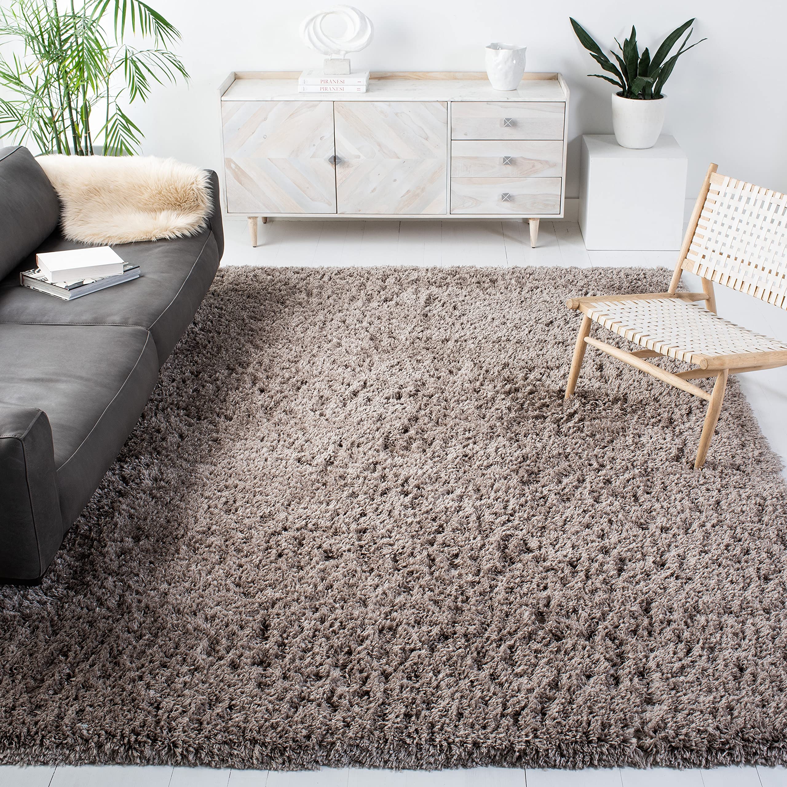 Safavieh Polar Shag Collection 6 ft 7 in x 9 ft 2 in Mushroom PSG800C Solid Glam 3-inch Extra Thick Area Rug