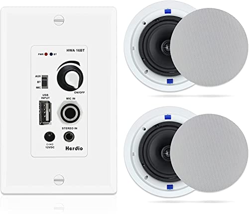 Herdio 6.5 Inch in Ceiling Speakers 320W 2-Way Flush Mount with Bluetooth Wall Mount Amplifier Receiver Perfect for Home Theater Bathroom Living Room Kitchen Office(A Pair)