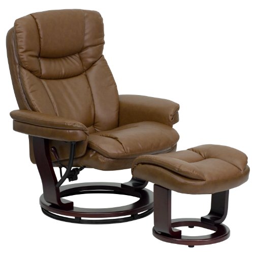 Flash Contemporary Leather Recliner and Ottoman with Swiveling Mahogany Wood Base Palimino