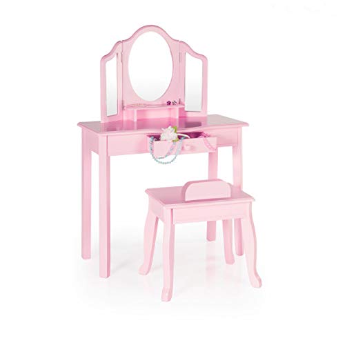 Guidecraft Vanity and Stool - Pink: Kids' Wooden Table and Storage Chair Set with 3 Mirrors and Makeup Drawer Storage - Children's Dress Up Furniture