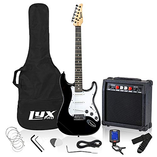 LyxPro Electric Guitar Kit Bundle with 20w Amplifier, All Accessories, Digital Clip On Tuner, Six Strings, Two Picks, Tremolo Bar, Shoulder Strap, Case Bag Starter kit Full Size