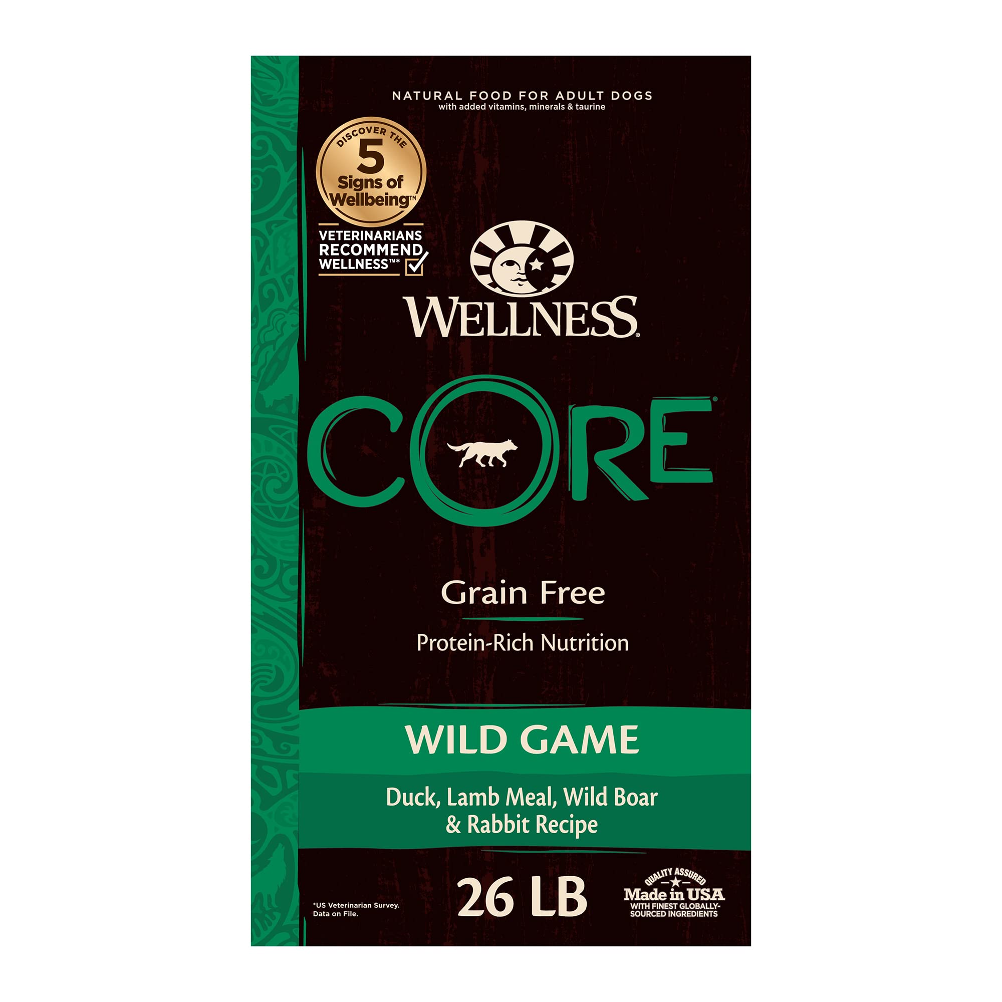 Wellness CORE Grain-Free High-Protein Dry Dog Food, Natural Ingredients, Made in USA with Real Meat, All Breeds, For Adult Dogs (Wild Game Duck, Lamb Meal, Boar & Rabbit, 26-Pound Bag)