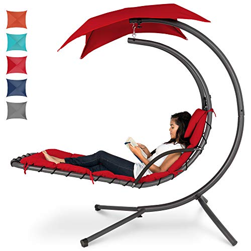 Best Choice Products Hanging Curved Chaise Lounge Chair Swing for Backyard, Patio w/Pillow, Canopy, Stand - Red